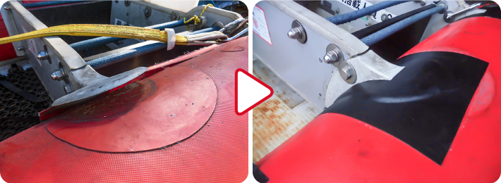 トランサム取り付け部の接着剥がれ修理と剥がれ防止の補強材接着